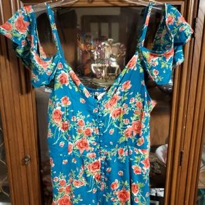 Teal Floral Spaghetti Strap Ruffle Shoulder Maxi Dress